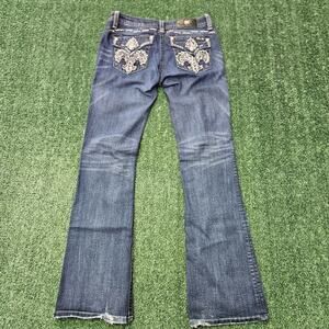 Miss Me Lowrise Signature Boot Jeans Size 29 Fleur de Lis Pockets Bling